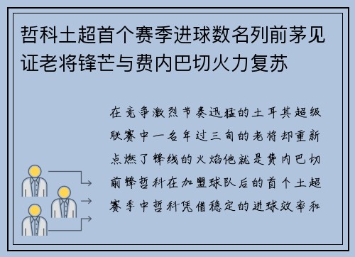 哲科土超首个赛季进球数名列前茅见证老将锋芒与费内巴切火力复苏